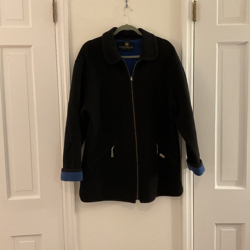 Geisswein  ladies boiled wool jacket size 38 (us 10:) dark grey with blue detail